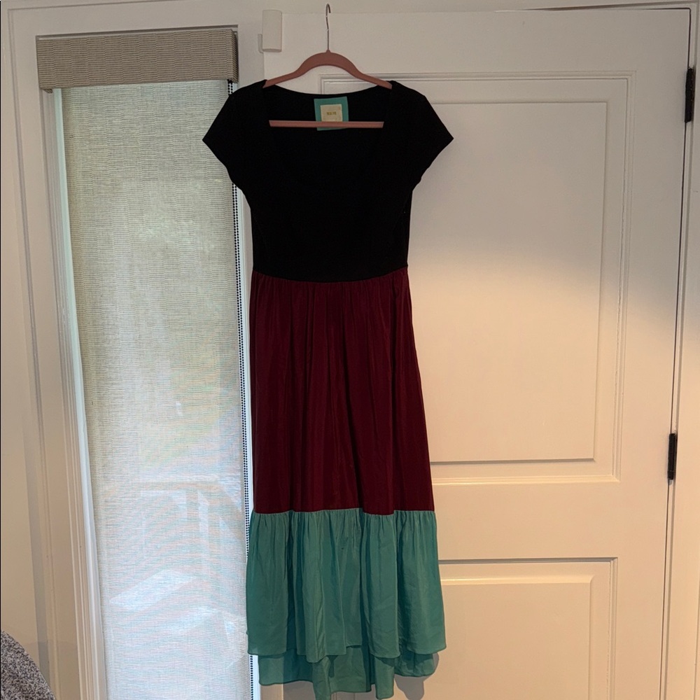 Anthropologie Maeve brand Colorblock Maxi Dress - Black, Burgundy, and Teal